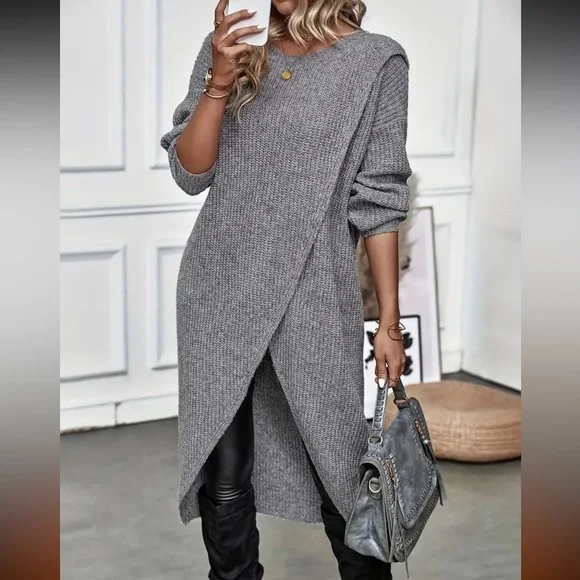 Boutique | Sweaters | 9 Solid Knitted Crew Neck Dress Casual Asymmetrical  Hem Long Sleeve Sweater | Poshmark